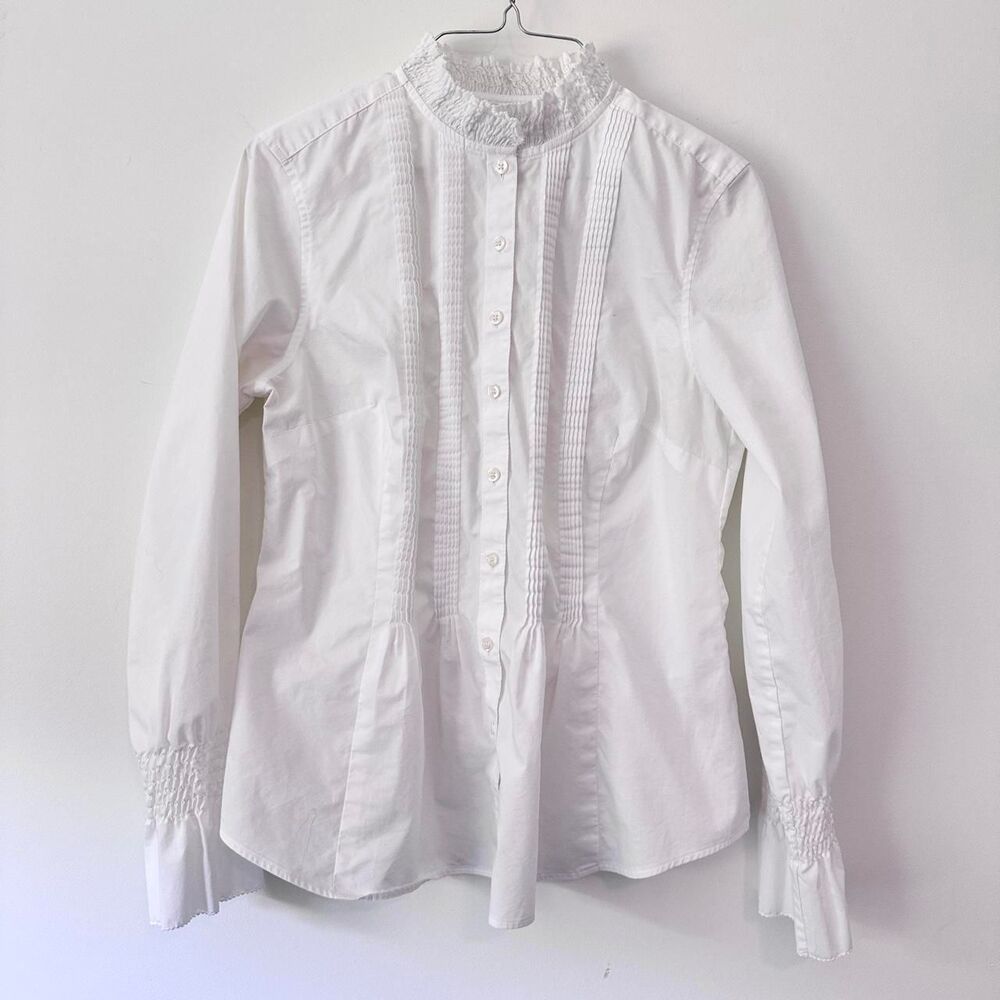 Brooks Brothers White Ruffle Neck Pleated Tuxedo Blouse